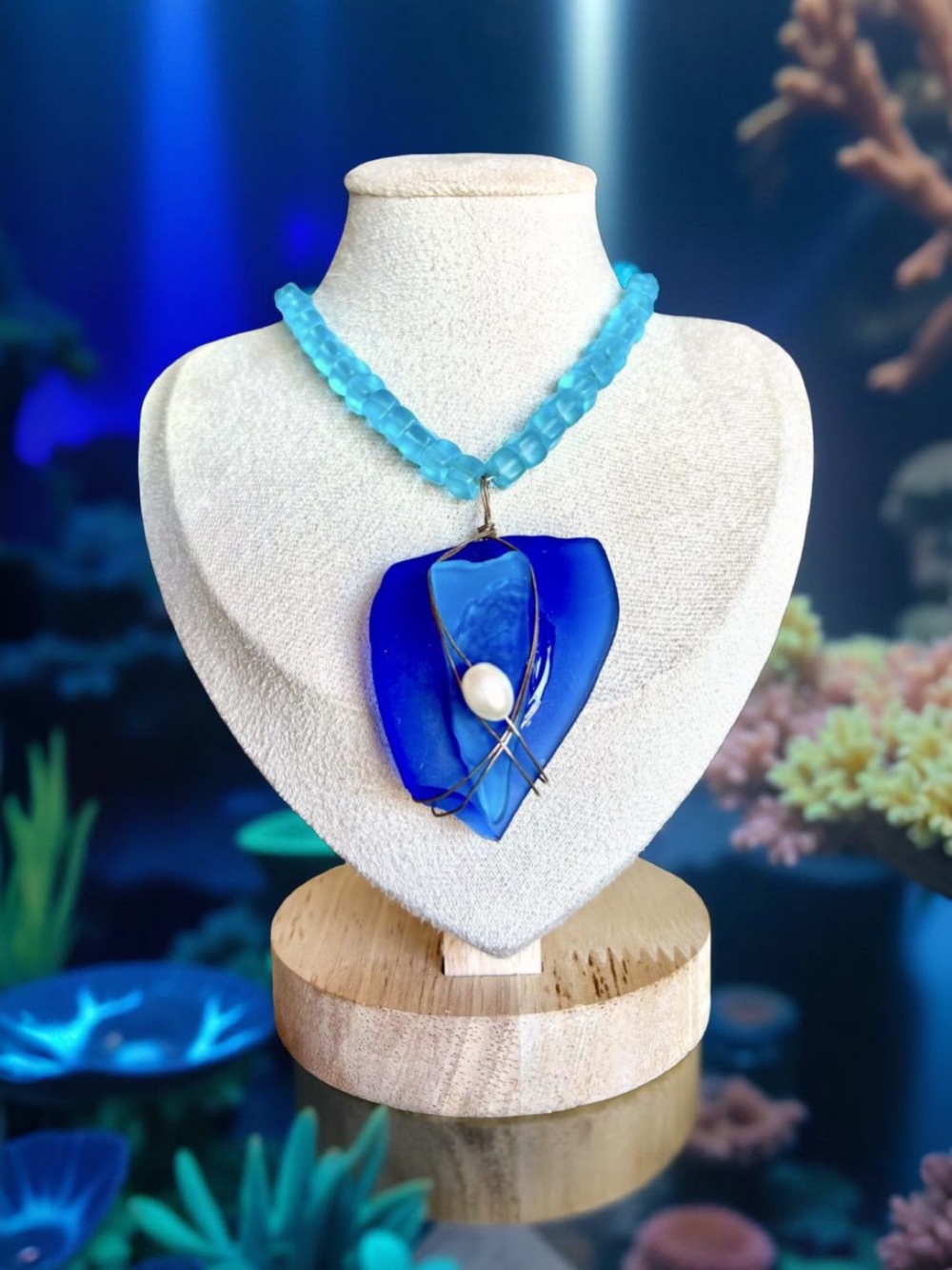 One-of-a-Kind Cobalt Heart Glass Pendant Necklace Pearl Accent / Magnetic